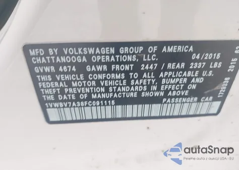 2015 Volkswagen Passat 2.0L Tdi Se z USA, uszkodzony, nr VIN 1VWBV7A38FC091115